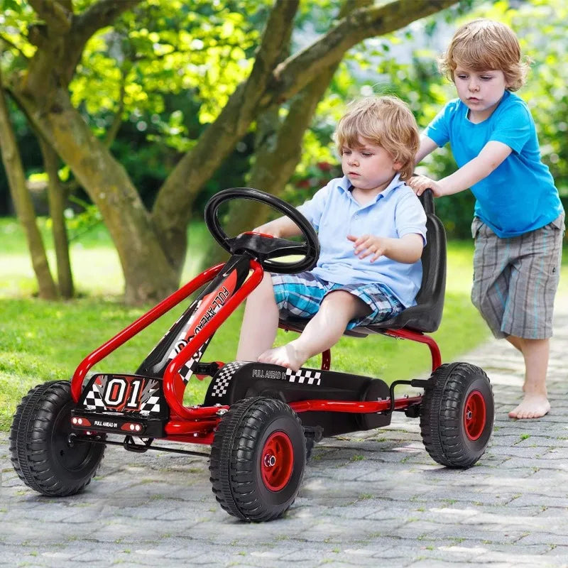 Costzon Go Kart for Kids, 4 Wheel Pedal Powered Go Cart with Adjustable Seat, Handbrake & Non-Slip Wheels