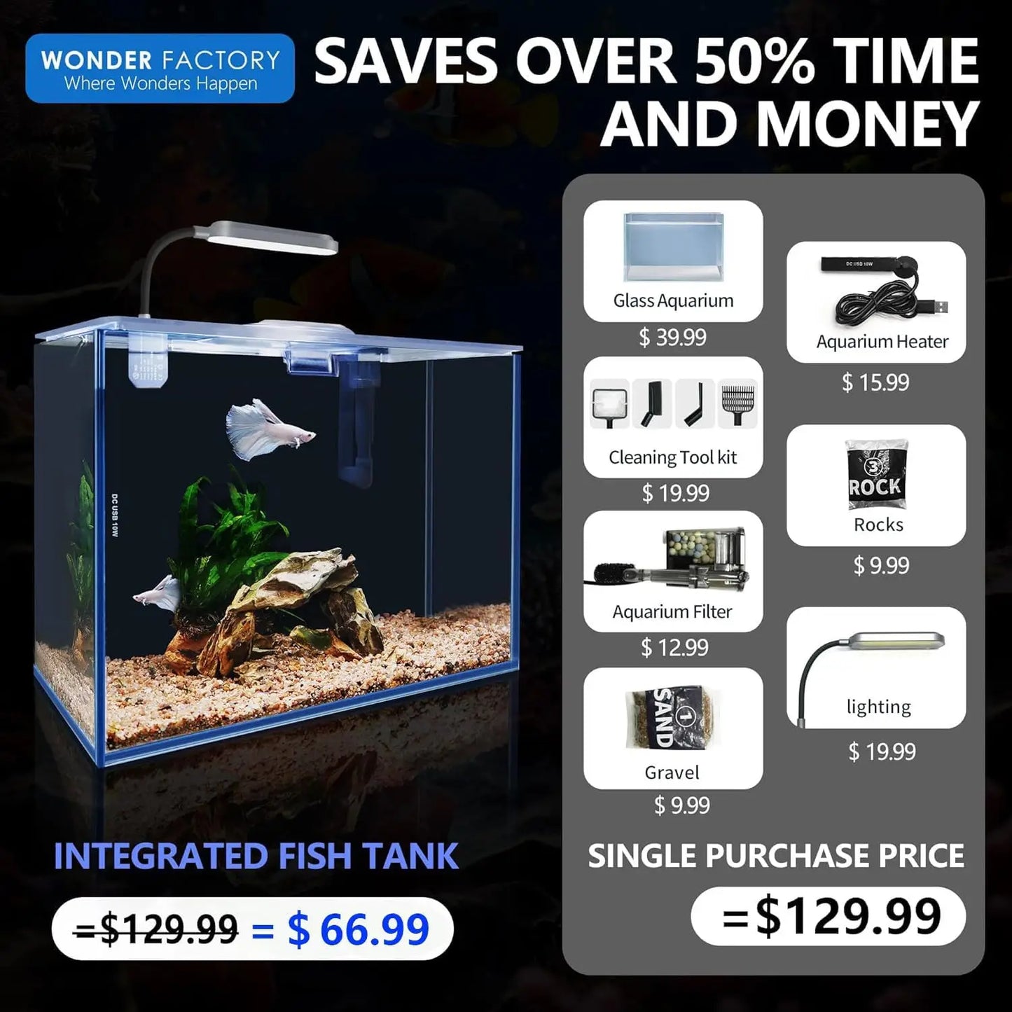 2.6 Gallon Glass Betta Fish Tank with Heater Self Cleaning System Efficient Filter Bright Light