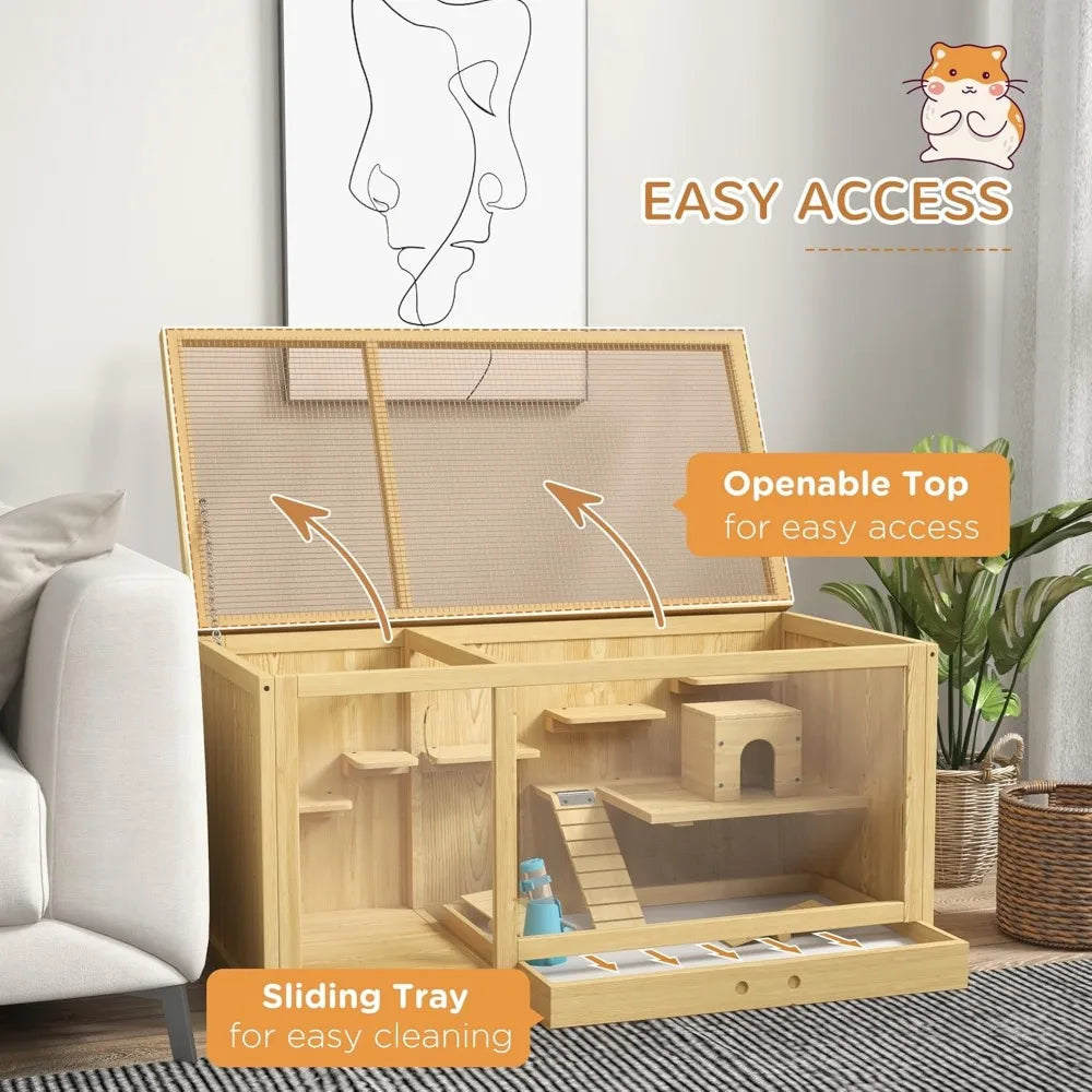 Wooden Hamster Cage, Extra Large Gerbil Cage, Multi-Layer Small Animal Cage for Dwarf Hamster, Activity Center with Pull-Out Tr