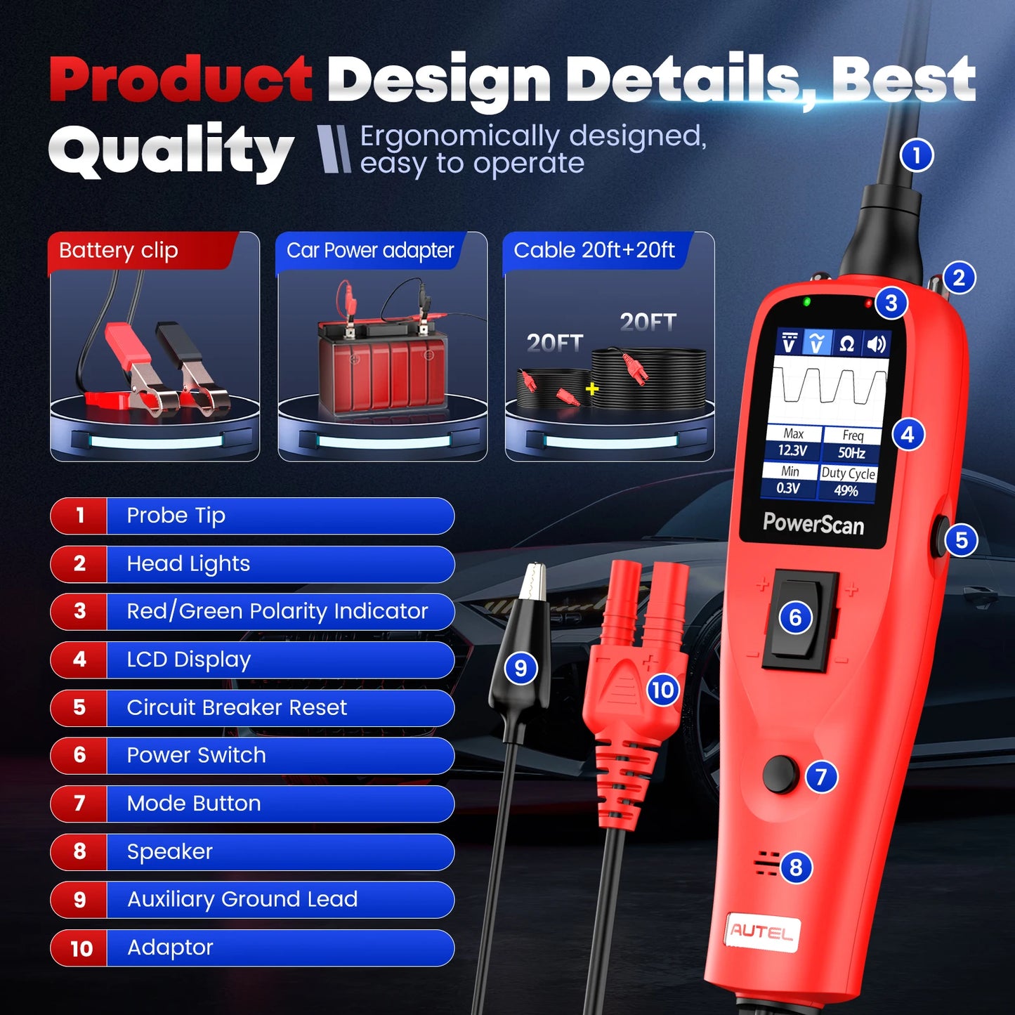 Autel PowerScan PS100 Power Circuit Probe Tester 12V 24V Digital Voltage Automotive Circuit Tester Car Diagnostic Test Tool