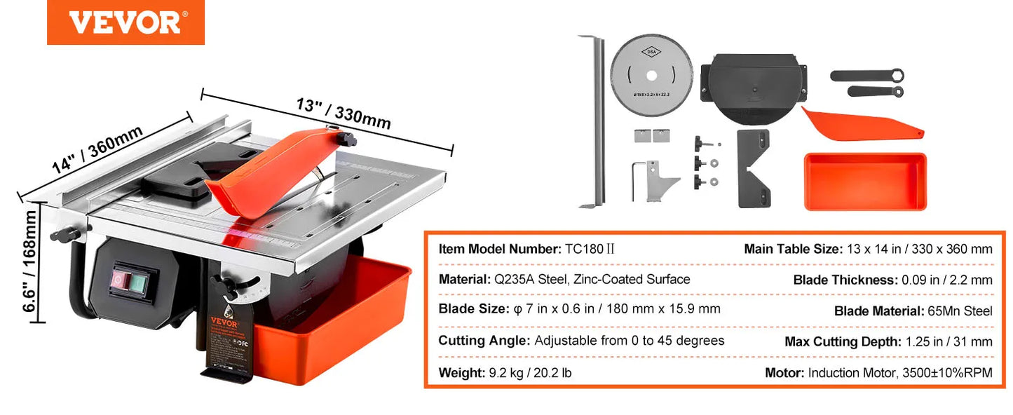 SucceBuy Wet Tile Saw 7-inch 65Mn Steel Blade 3500 RPM Induction Motor Tile Cutter Wet Saw Water Reservoir 0-45 Degrees Angle