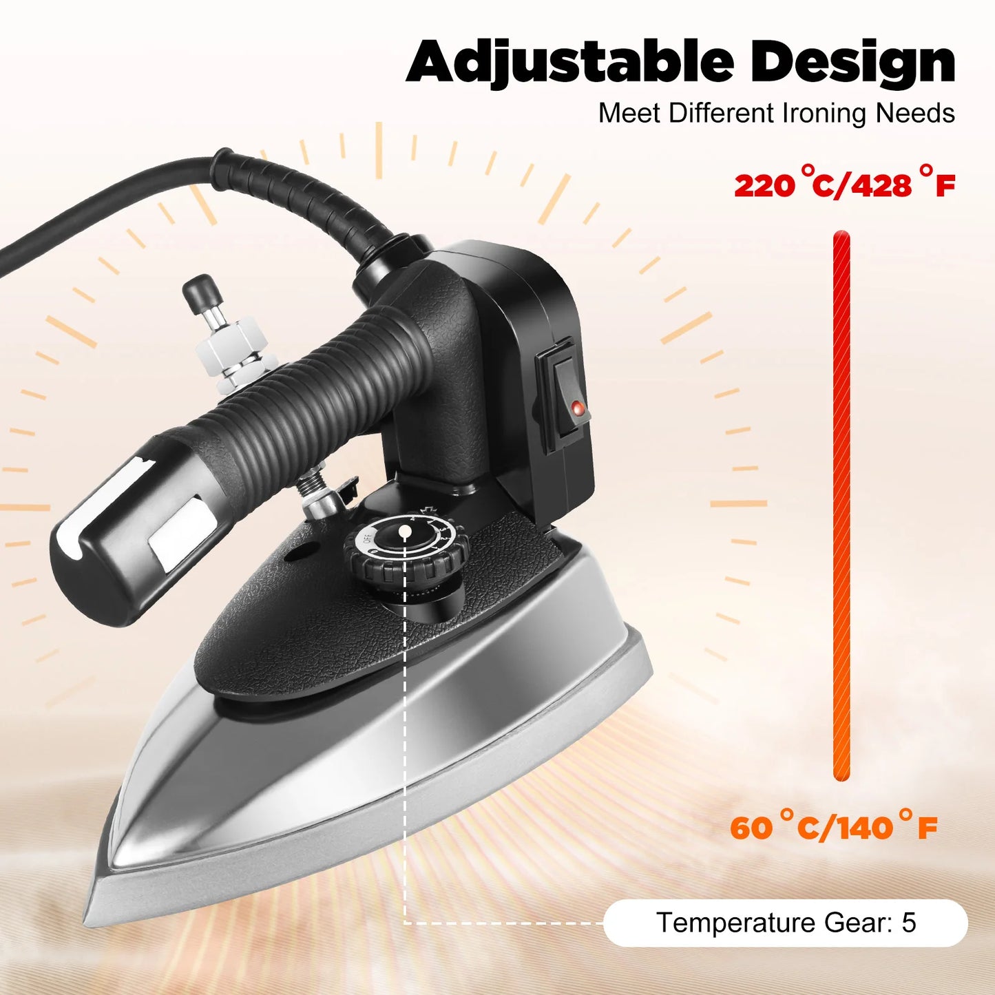 1200W Industrial Electric Steam Iron Kit, 5 Gears Adjustable Temperature, with Water Tank, Scald-prevention Plate