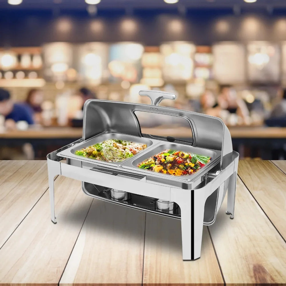 Roll Top Chafing Dish Buffet Set Stainless Steel Chafer with 2 Pot and 2 Alcohol Fuel Cans Rectangle Catering Warmer Server
