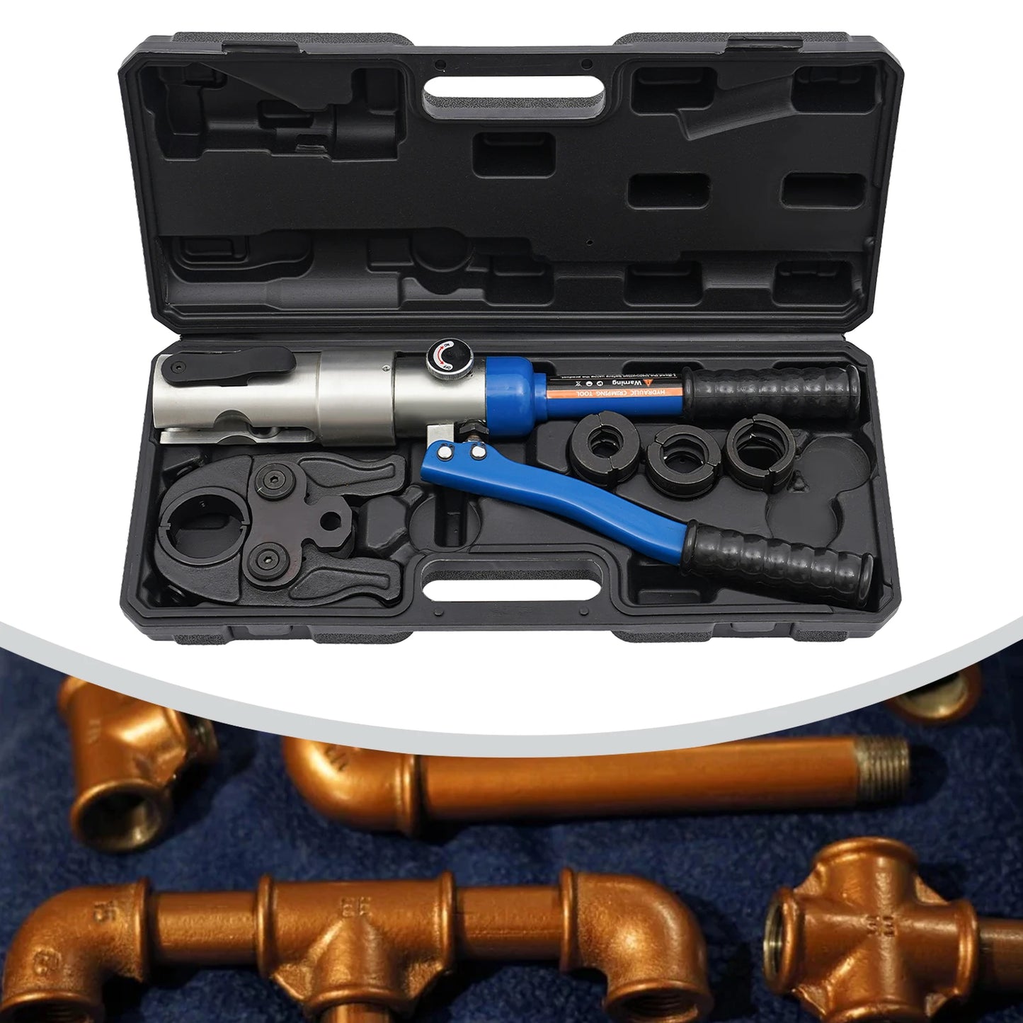Blue Hydraulic PEX Pipe Crimper Tool Kit | 1/2", 3/4", 1" Dies, Ergonomic Grip, Steel-Aluminum Construction