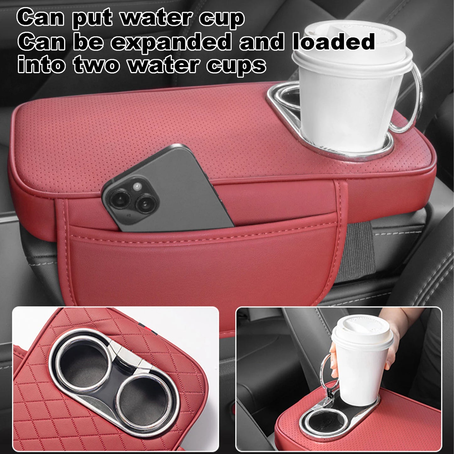 Car Armrest Cushion With 2 Cup Holder And Side Pocket PU Leather Auto Center Console Arm Rest Heighten Pads Car Arm Rest Cover