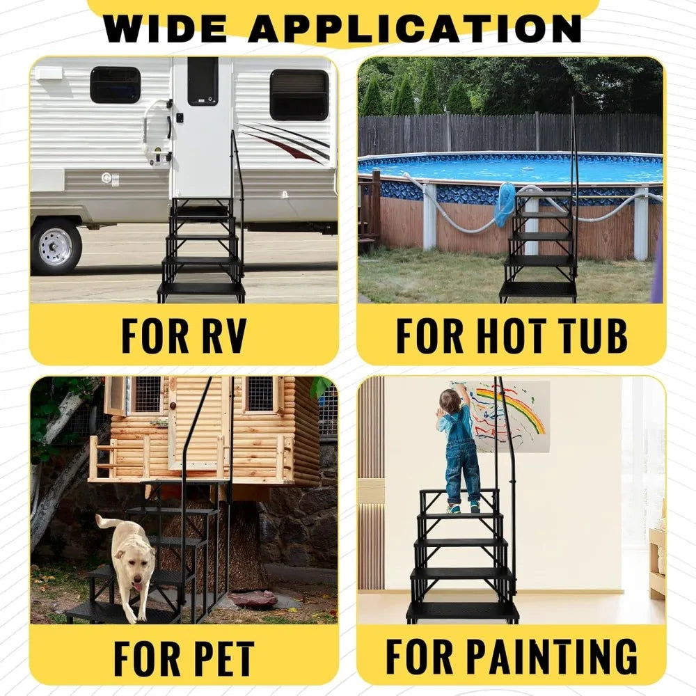 RV Steps with Handrail, Hot Tub Steps Outdoor, 5 Step Ladder Stool, RV Stairs with Anti-Slip Panel, Camper Steps for Spa, Travel