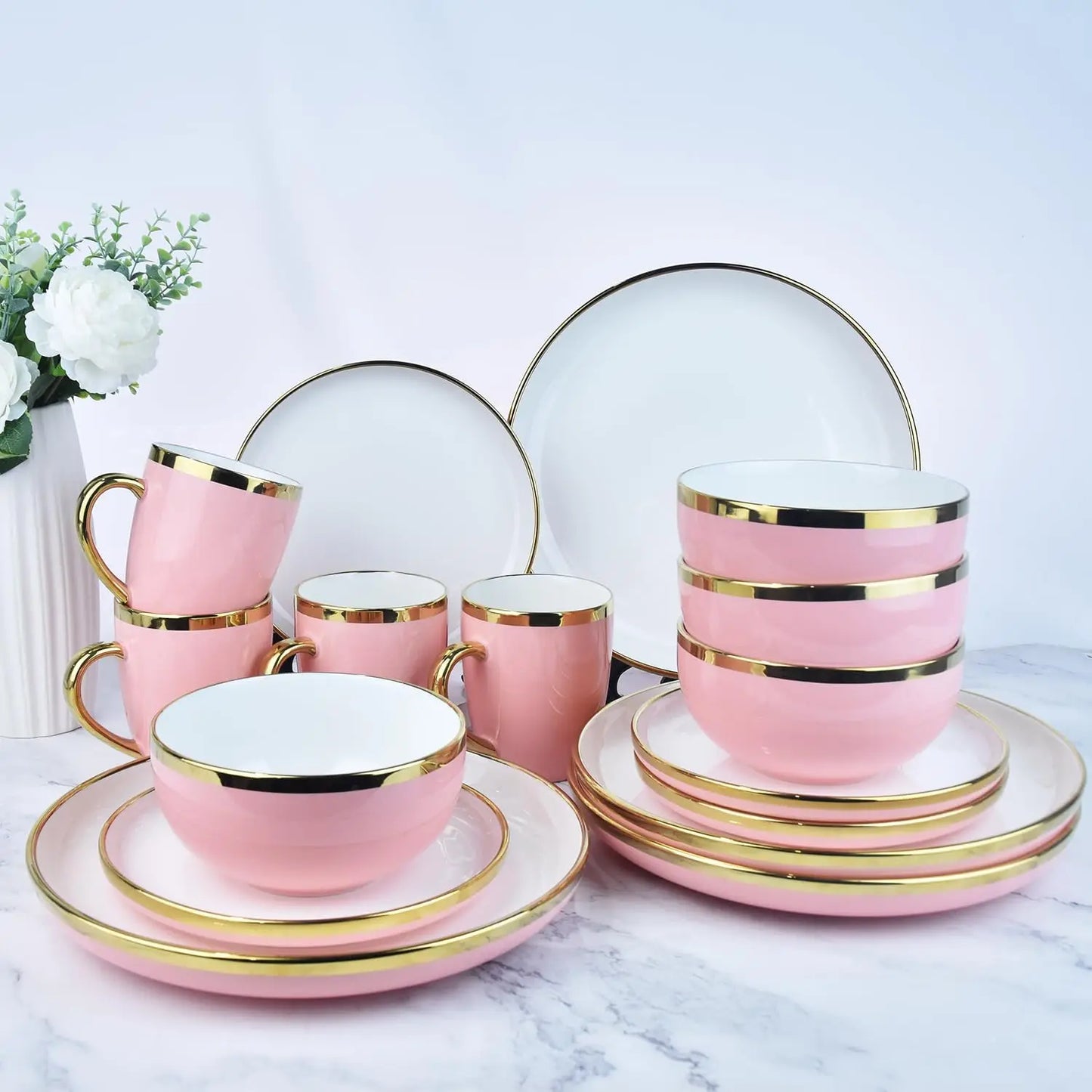 Pink Dinnerware Sets for 4 Ceramic, 16-Piece Luxury Plates and Bowls Sets with Gold Rim, Modern Dish Set for Wedding Christmas A