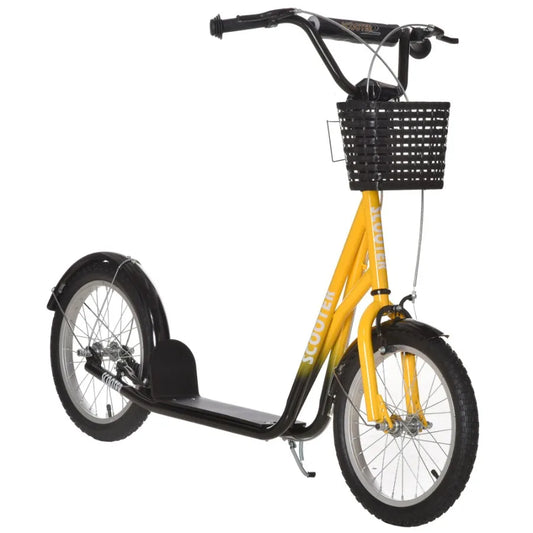 Aosom Youth Scooter Kick Scooter with Adjustable Handlebars Double Brakes 16 Inflatable Rubber Tires Basket Cupholder Orange
