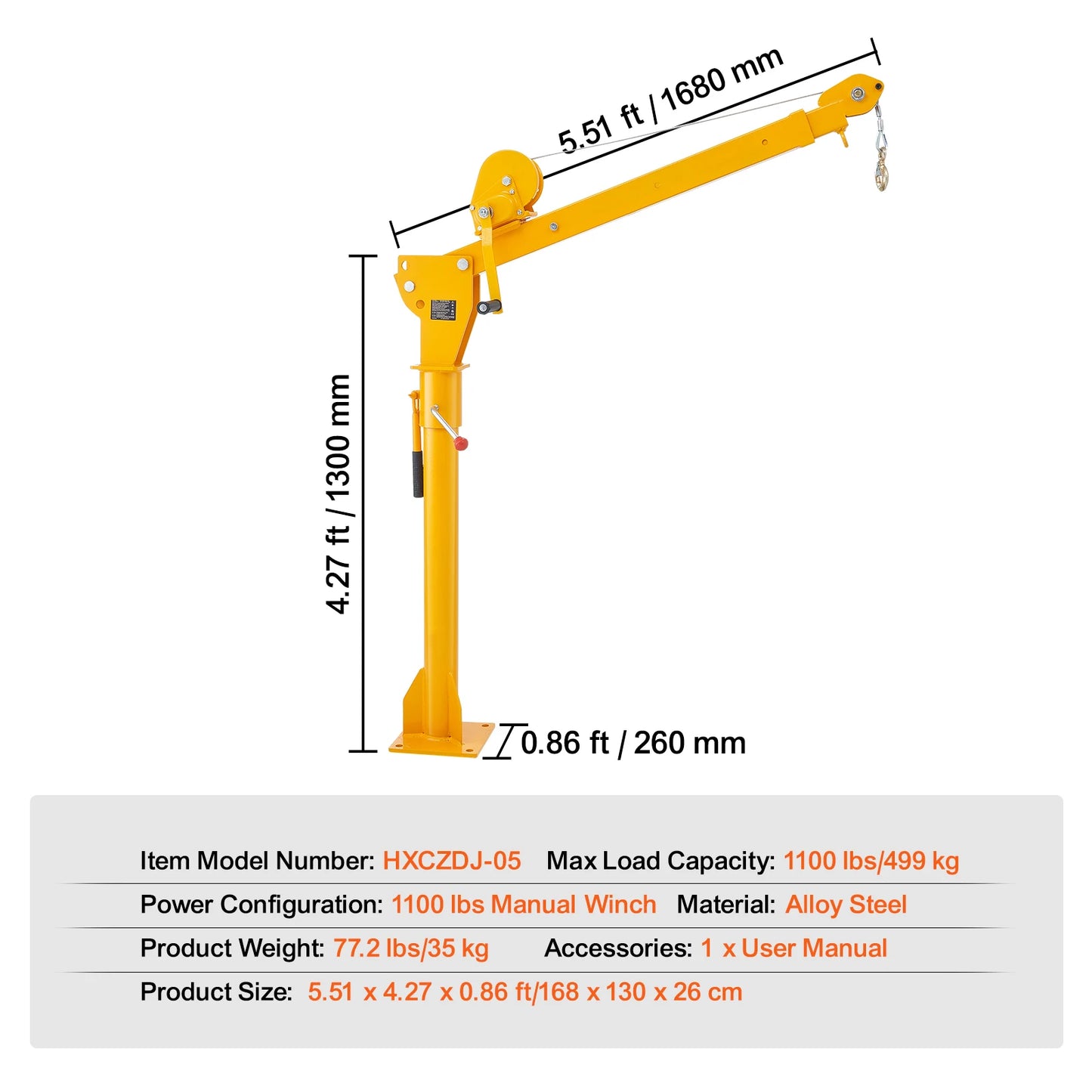 SucceBuy Folding Pickup Truck Crane 360° Swivel with 1100 lbs Manual Winch Mounted Bed Jib Crane Hoist for Factory Lifting Goods