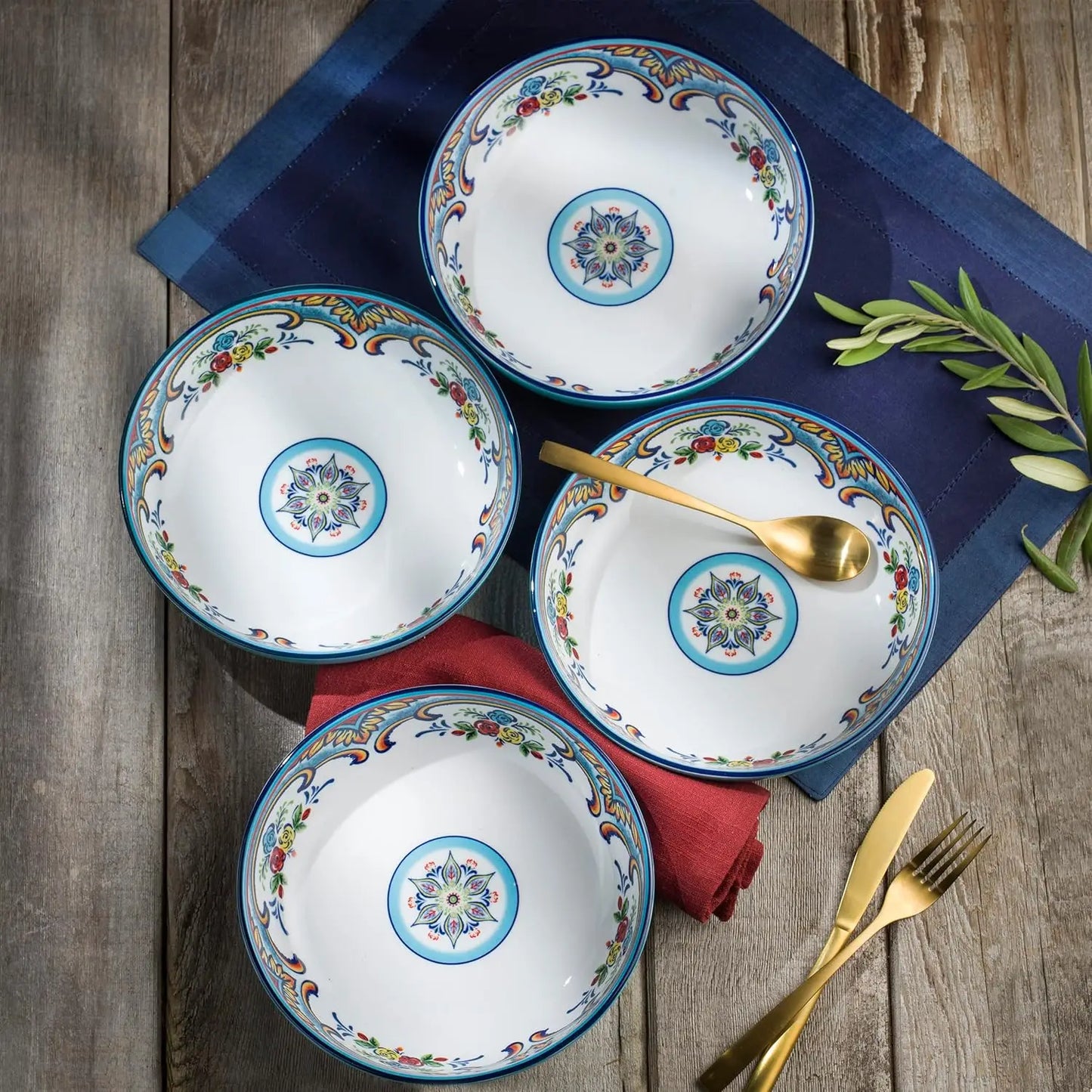 Zanzibar Double Bowl 16-Piece Dinnerware Set | Fine Kitchenware | Floral Multicolor Design Stoneware Tableware Service For 4