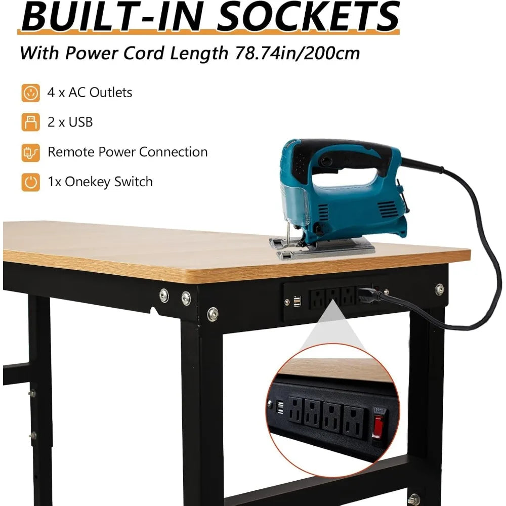 60'' Adjustable Work Bench with Power Outlet, Work Table for Garage,2000 Lbs Capacity Hardwood Workbench,Heavy Duty Table for Wo