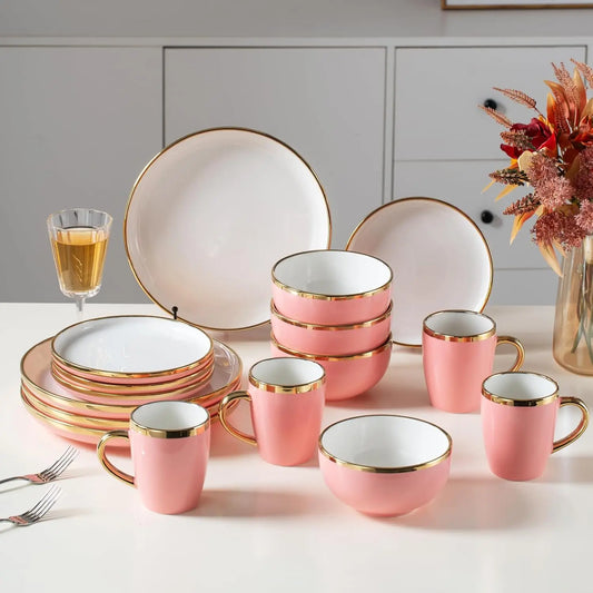 Pink Dinnerware Sets for 4 Ceramic, 16-Piece Luxury Plates and Bowls Sets with Gold Rim, Modern Dish Set for Wedding Christmas A