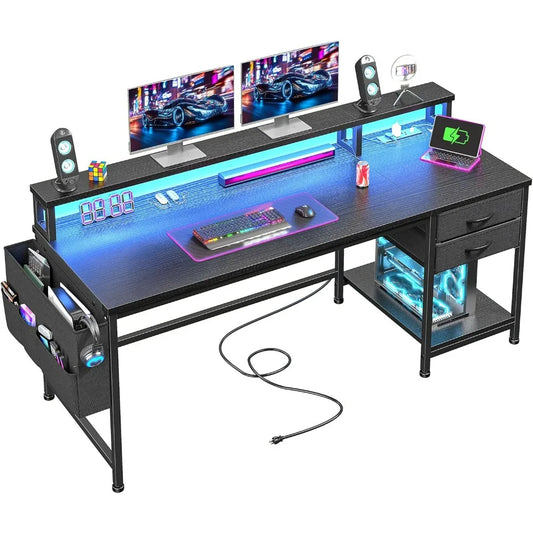 Computer Desk with Drawers & Storage Bag, Office Desks with Power Outlets & Monitor Stand, Home Office Desks for Bedroom