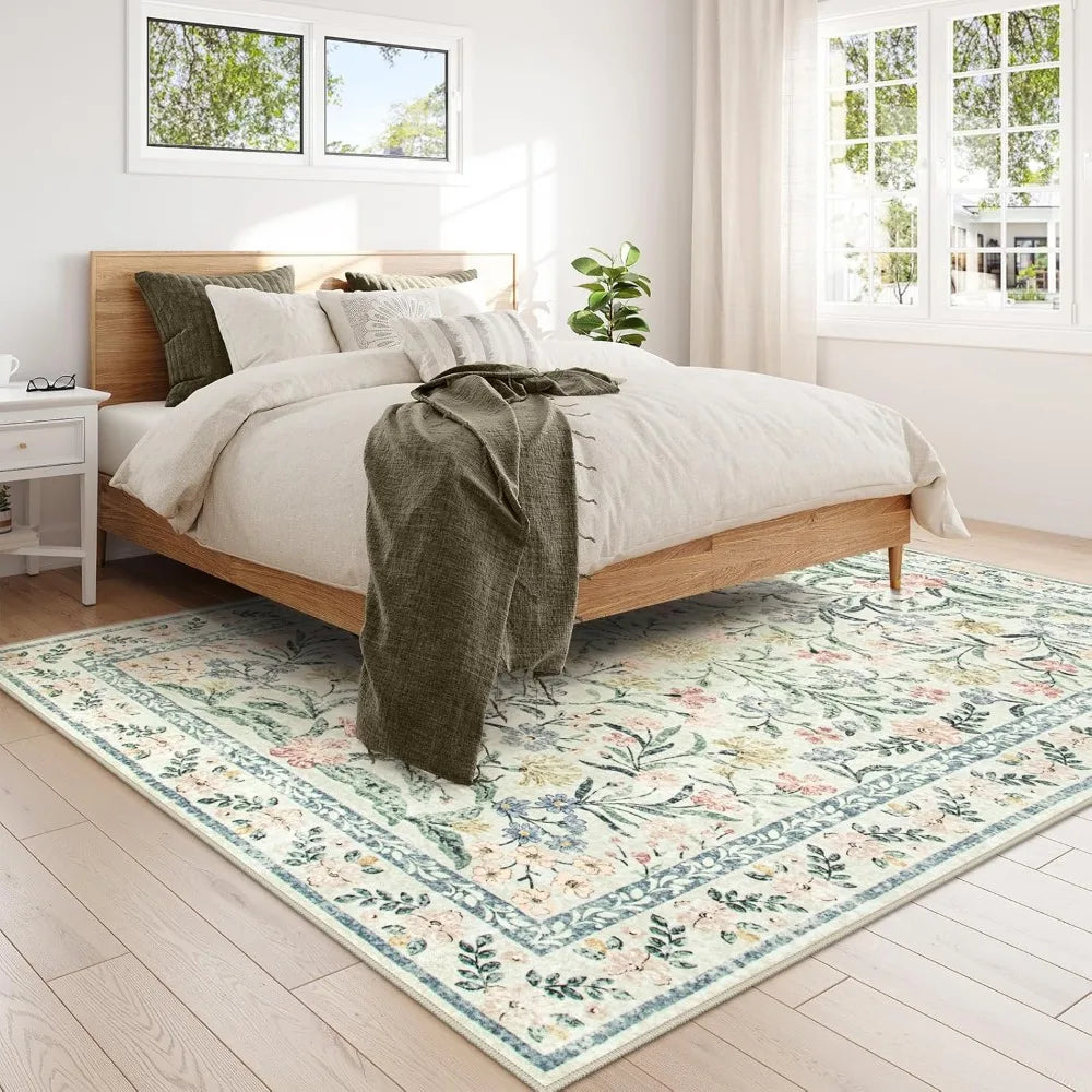 Boho Rugs for Living Room, Large 8 x 10 Area Rugs for Living Room Non Slip,Soft Ultra-Thin Distressed Floral Throw Carpet