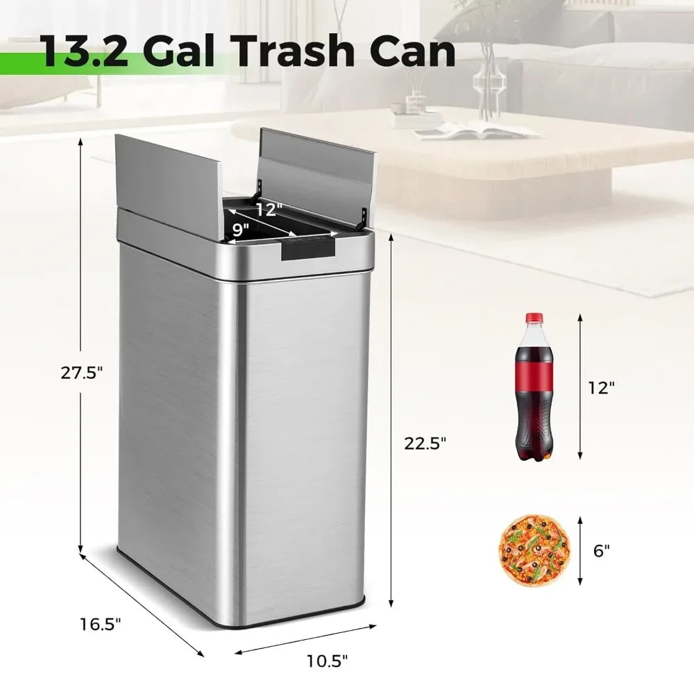 Slim Kitchen Trash Can with Wing Lids, 13.2 Gal Automatic Sensor Garbage Can, Stainless Steel Trash Bin, Hand-Free Infrared