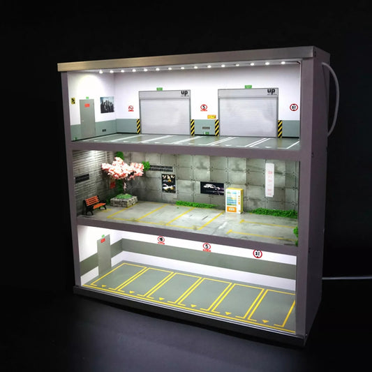 1:64 Scale Diorama Parking Lot Display Scene Model, with LED Light, 3 Tiers, 16 Spaces, Modern White, Home Decor & Storage