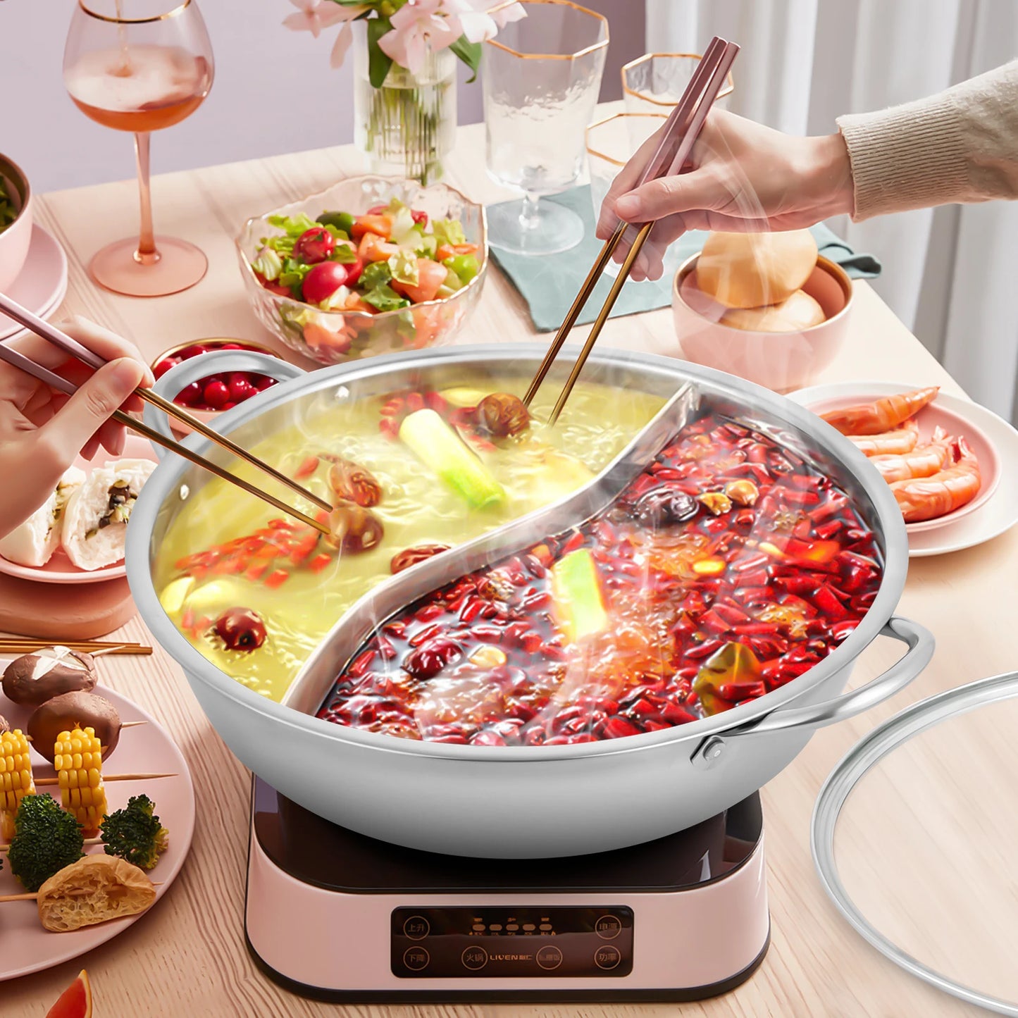 28/32/34cm 304 Stainless Steel Hot Pot with Divider Hot Pot Set Pot with Glass Lid Hot Pot with Spoon and Leaky Spoon