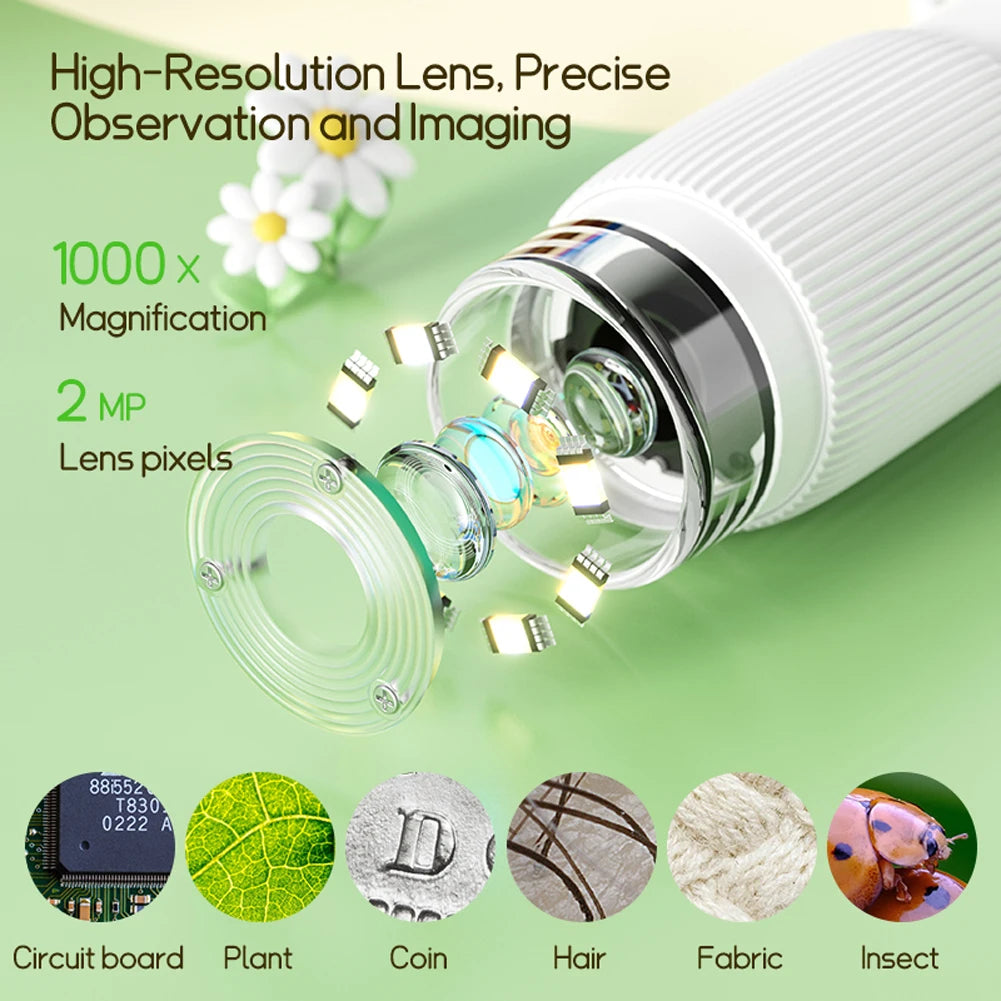 1000X Electronic Magnifier Camera 2 Inch IPS Screen Handheld HD Microscope 2MP Lens Mini Portable Microscopes with 8 LED Light