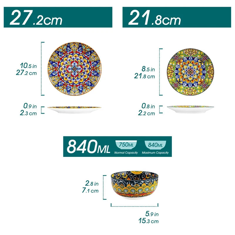 12Pcs Bohemian Style Ceramic Dinnerware Set Plates and Bowls For 4 Dinner Tray Dessert Plate/Cereal/Pasta Bowl Kitchen Tableware