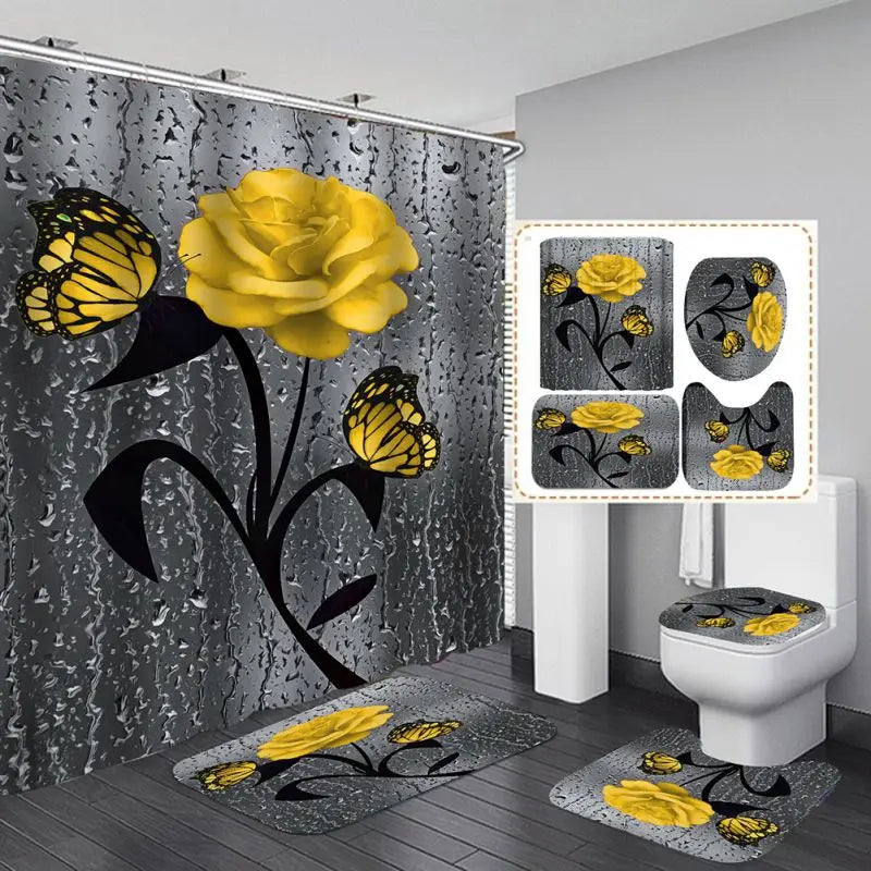 4 Piece Set Doormat Shower Curtain Non Slip Rugs Toilet Seat Cover Bath Carpet Durable Waterproof Bathroom Home Entrance Decor