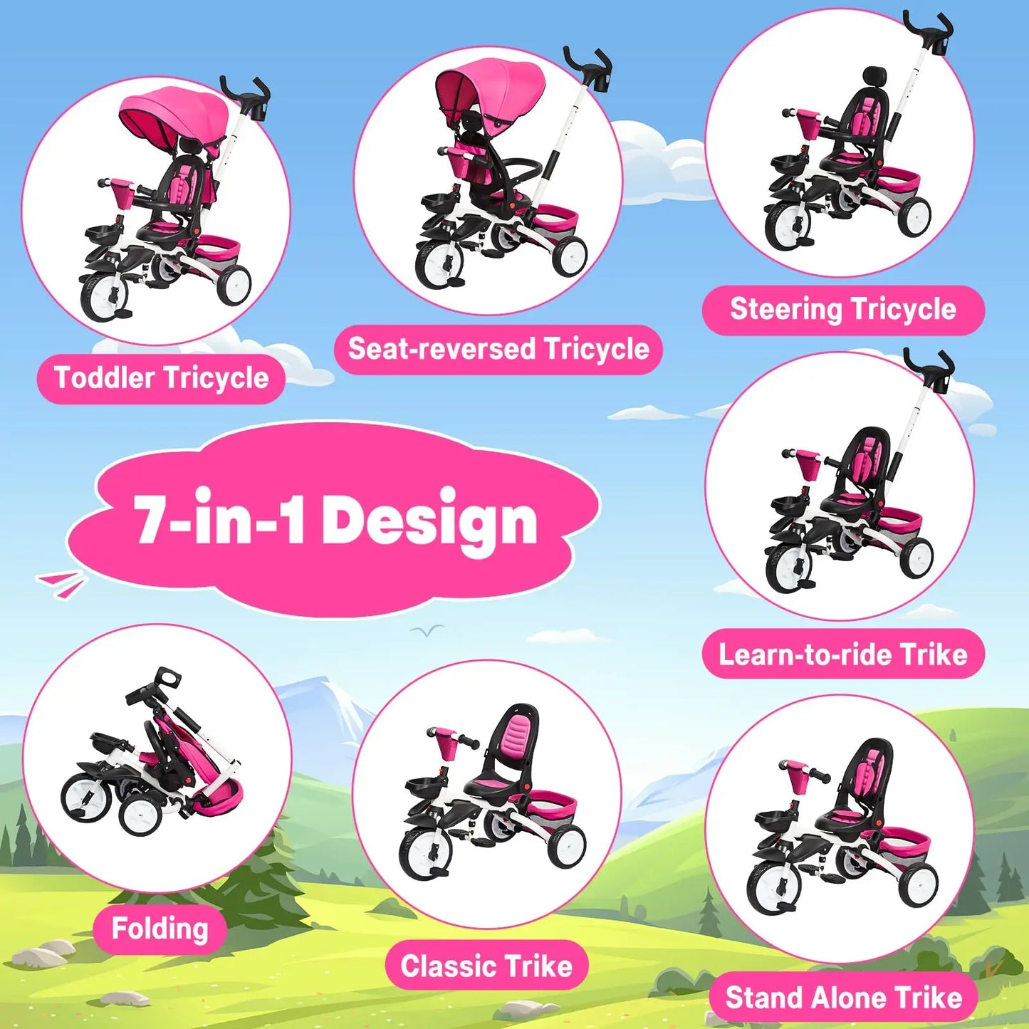 Foldable Baby Tricycle for Kids, 7 in 1 Toddler Tricycle Stroller for 1-5 Year Old, Baby Trike with Safety Harness, Adjustable
