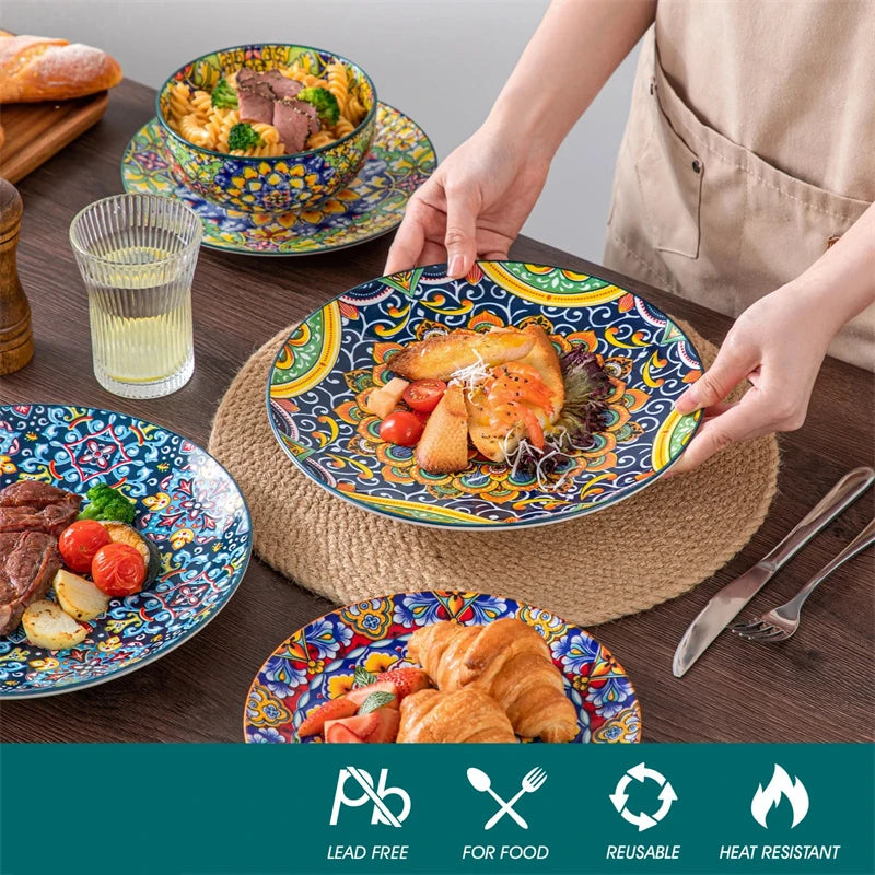 12Pcs Bohemian Style Ceramic Dinnerware Set Plates and Bowls For 4 Dinner Tray Dessert Plate/Cereal/Pasta Bowl Kitchen Tableware