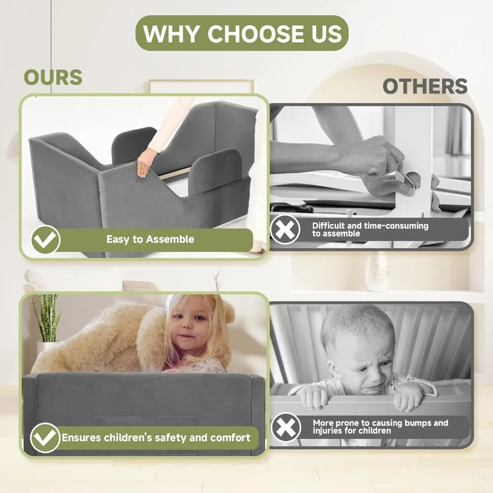 Toddler Floor Bed with Removable Safety Rails and Storage Bag, Kids Bed for Girl and Boys, Standard Crib Size, Safety Upholstere