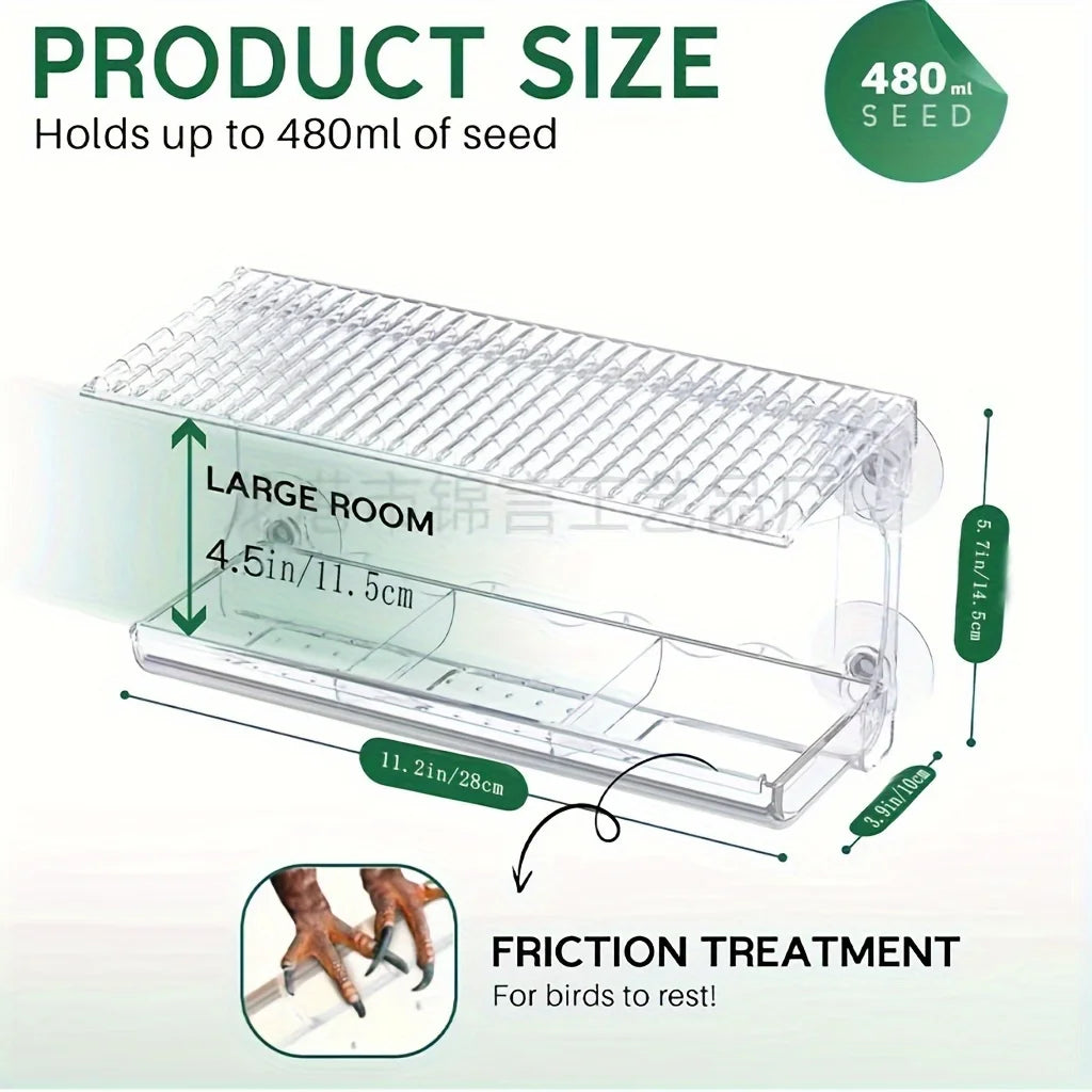 Indestructible Large Window Bird Feeder with Removable Seed & Water Tray, for Wild Birds with 4 Super Strong Adhesive Hooks + 4