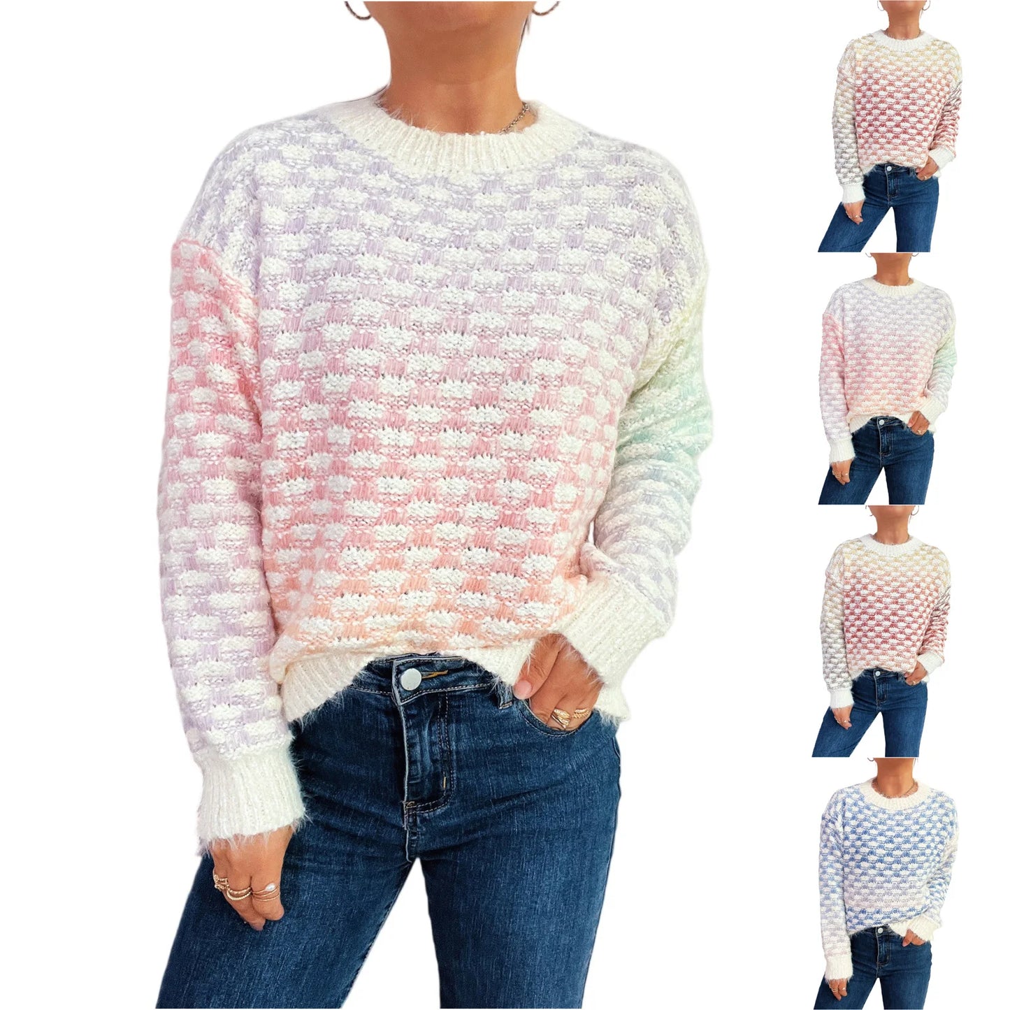 Women'S Casual Loose Pattern Gradient Color Long Sleeve Round Neck Pullover Knit Sweater Winter Clothes Woman Ropa De Mujer