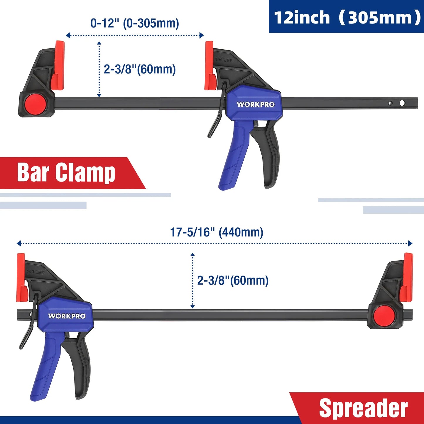 WORKPRO Bar Clamps for Woodworking One-Handed Clamp/Spreader, 6-Inch and 12-Inch Wood Clamps Set, Light-Duty Qui