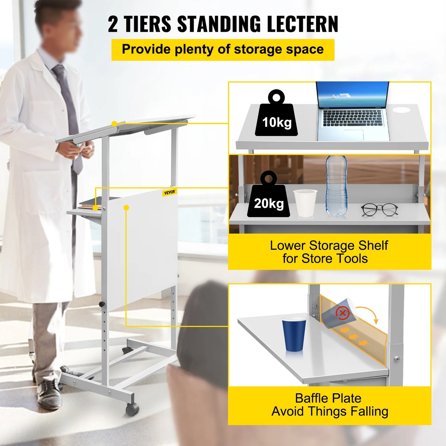VEVOR Standing Lectern Height Adjustable Portable Pulpit 4 Rolling Casters Podium Stand Lower Storage Shelf Floor for School