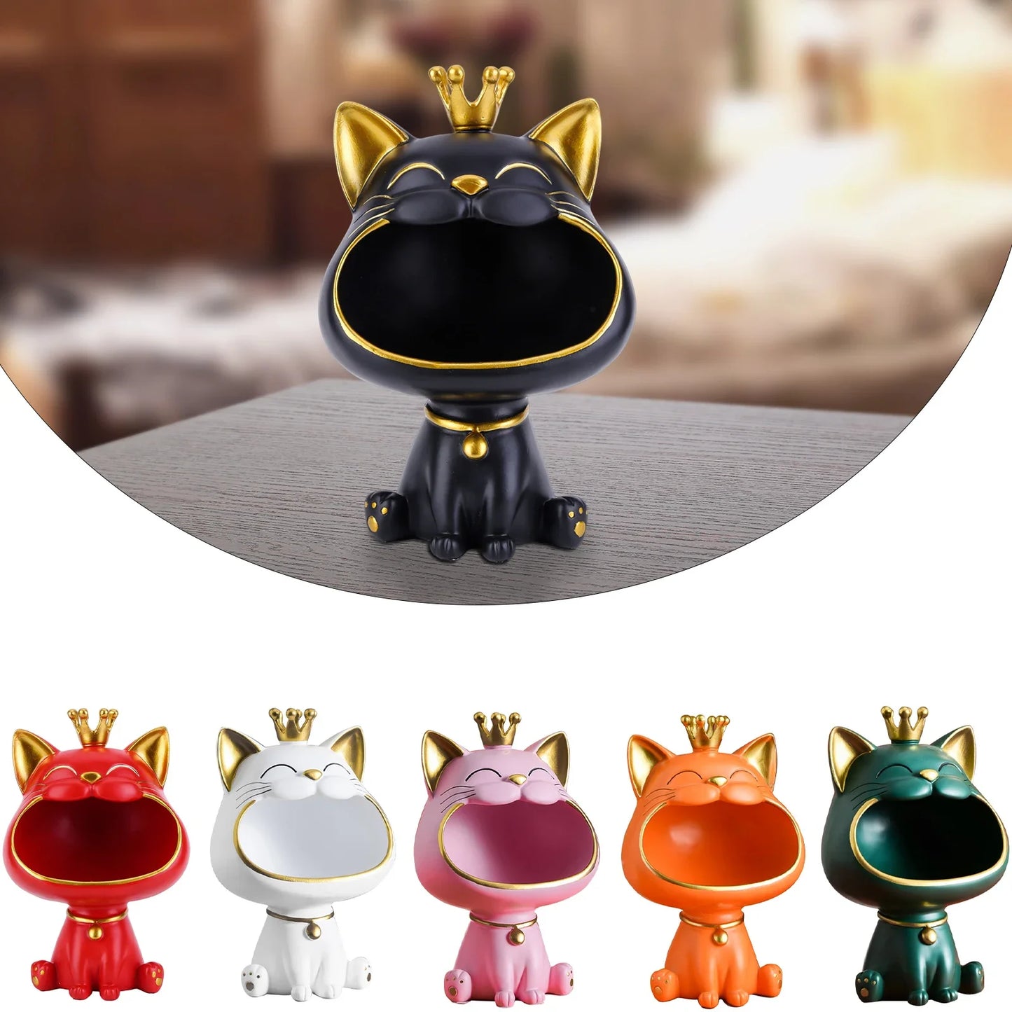 Exquisite Resin Lucky Cat Figurine Storage Box Creative Big Mouths Cat Statue for Desktop Storage and Decoration
