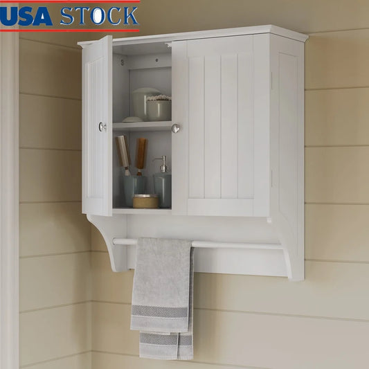 Two Door Wall Mount Bathroom Cabinet Storage with Towel Bar Mirrored Knobs Medicine Cabinet Laundry Room Organizer White