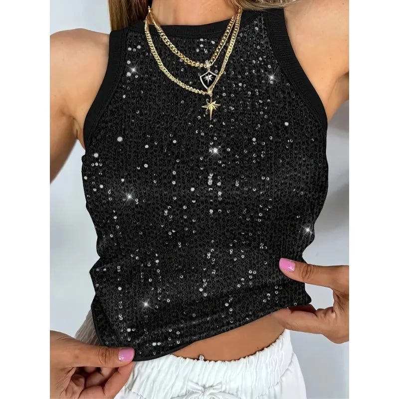 Plus Size 1XL-5XL Women's Fashion  Sequin Sleeveless Tank Top Tanks Ladies Casual Crew Neck Summer Vest Tank Top