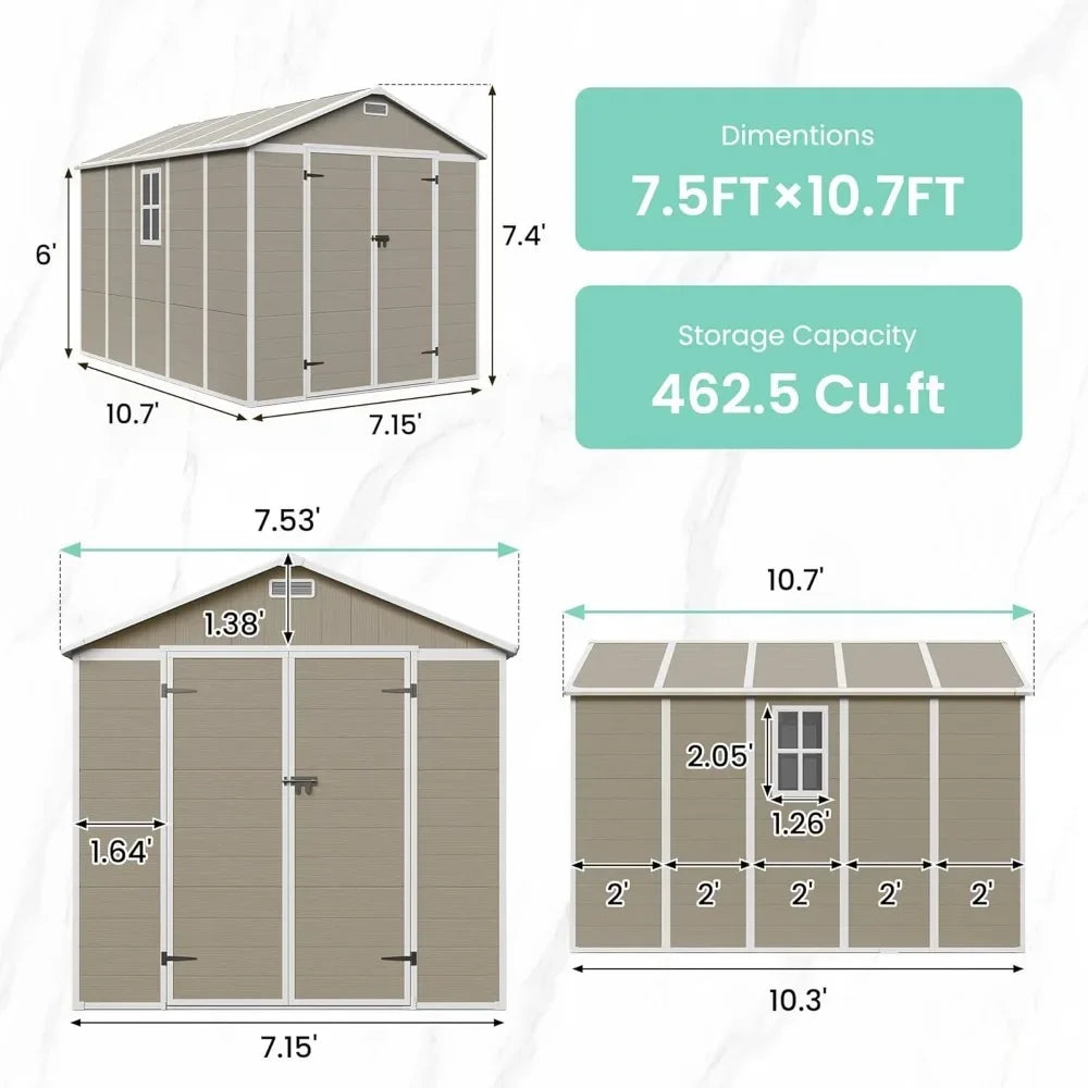 Outdoor Storage Shed 7.5x10.7 FT, Plastic Garden Shed for Bike, Garbage Can, Tool, Outside Sheds & Outdoor Resin Shed with Lock