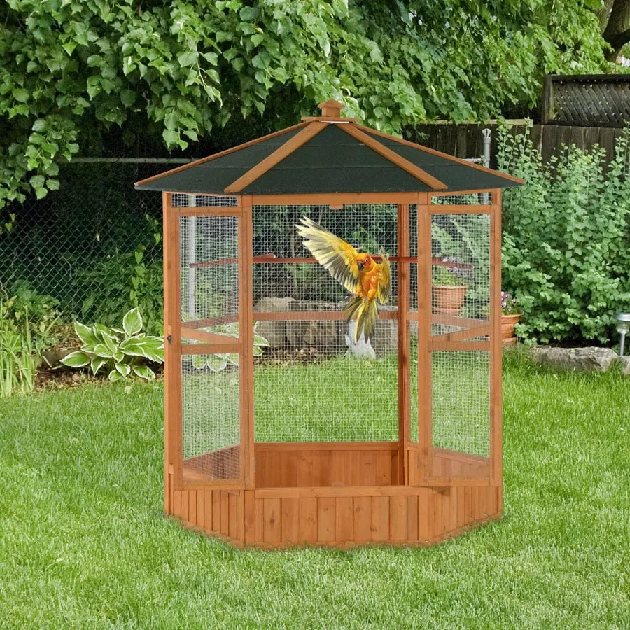 69 Large Wooden Hexagonal Outdoor Aviary Flight Bird Cage with Covered Roof Ideal for Backyard Bird Enthusiasts Provides Shelte