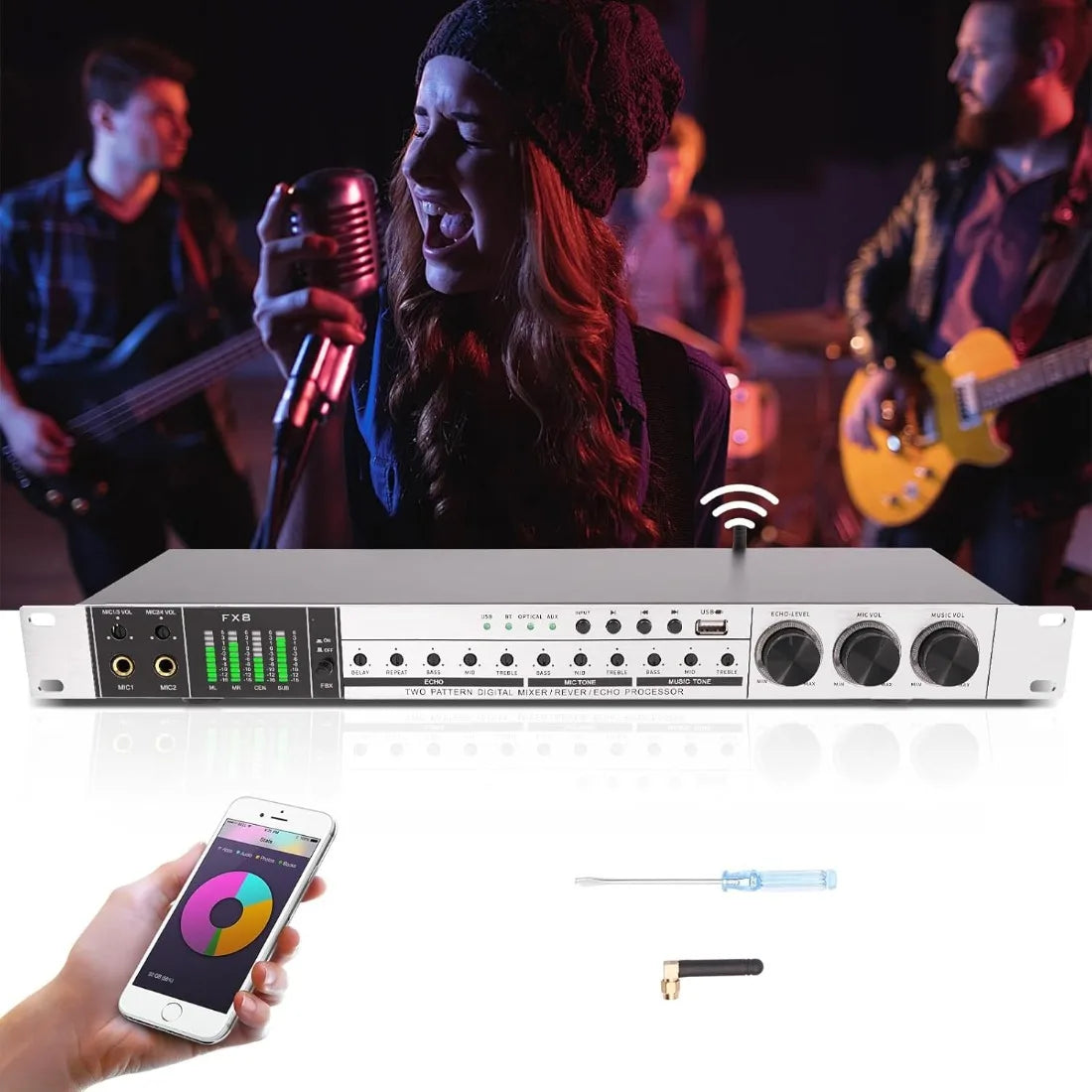 Professional 4-Mic Karaoke Mixer, Non-slip, Ati-howling, Bluetooth & USB & Optical Audio with Anti-Feedback & EQ Controls