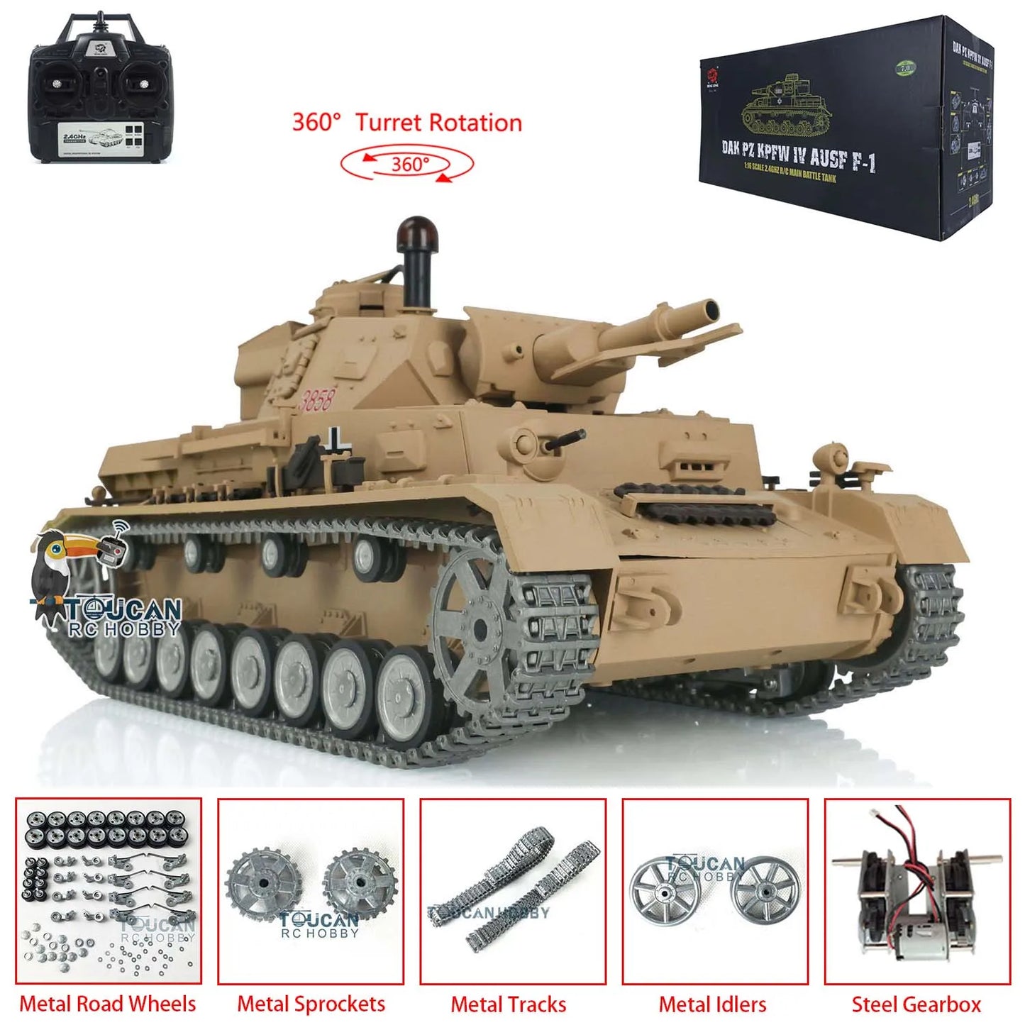 US Stock Toucan Radio Controller Vehicle Heng Long 1/16 7.0 Pro Ver Panzer IV F RTR RC Tank 3858 Metal Tracks Wheels IR Combat