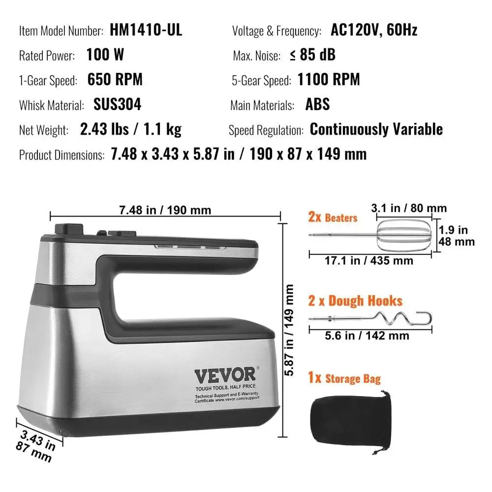 Cordless Electric Hand Mixer 250W Continuously Variable Turbo Boost Beaters & Dough Hooks with Storage Bag Baking Supplies