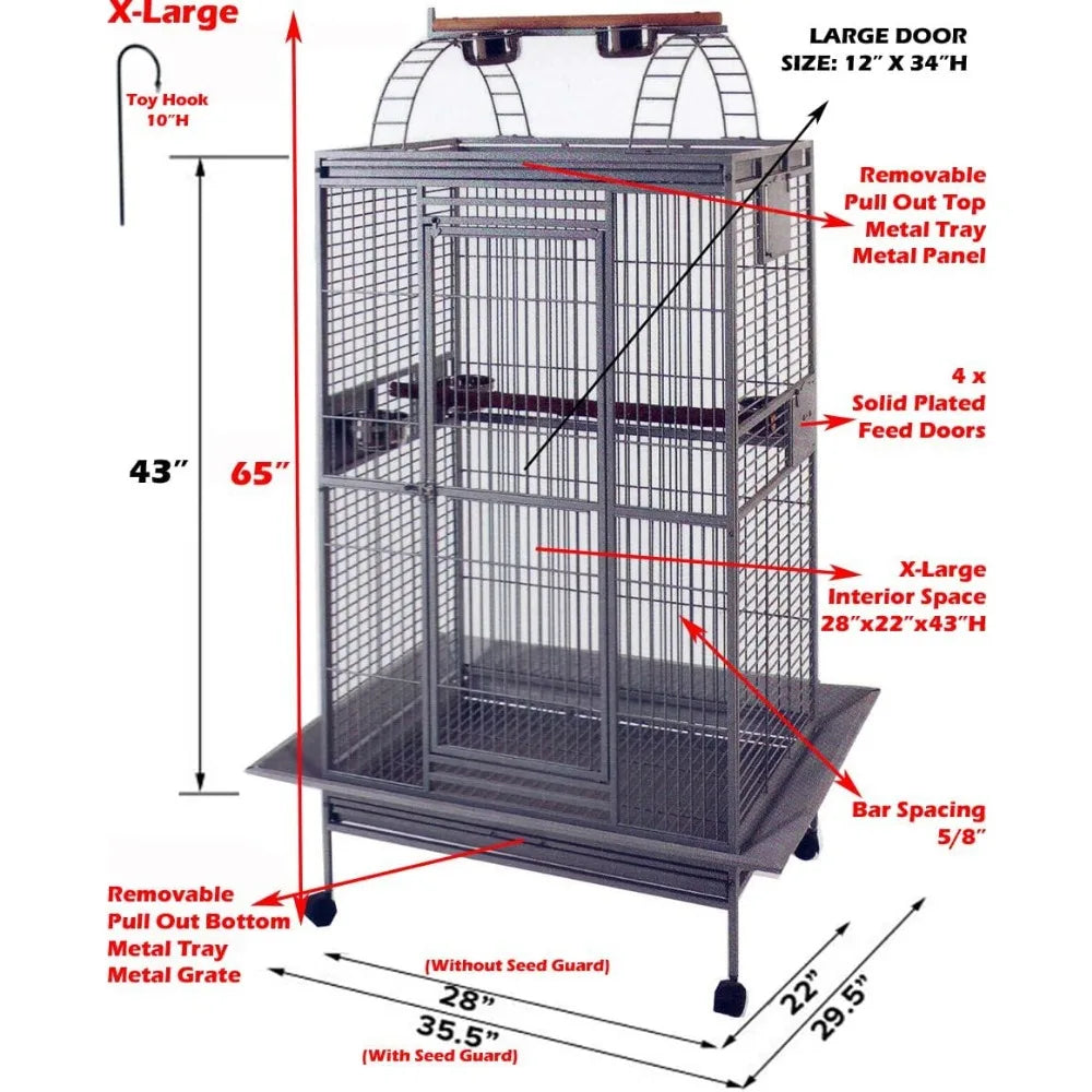 large deluxe bird cage for parrots, finches, and cockatoos - wrought iron, rolling, 28x22x75