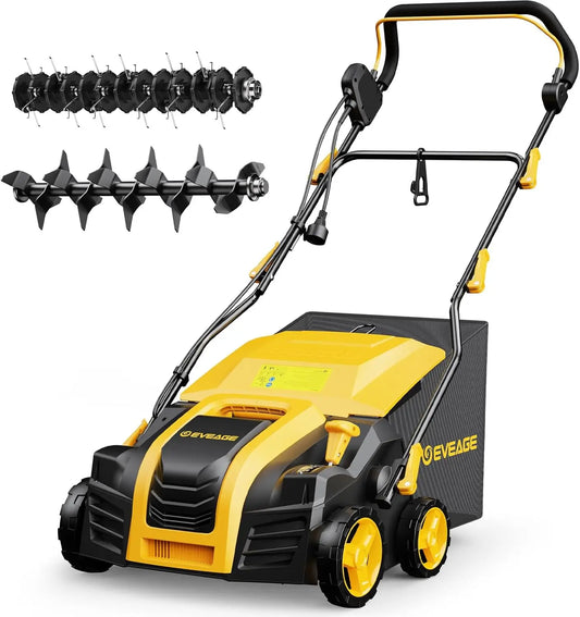 16-Inch 15-Amp Electric Dethatcher and Scarifier 5-Position Depth Adjustment,Removeable 14.5-Gal Collection Bag