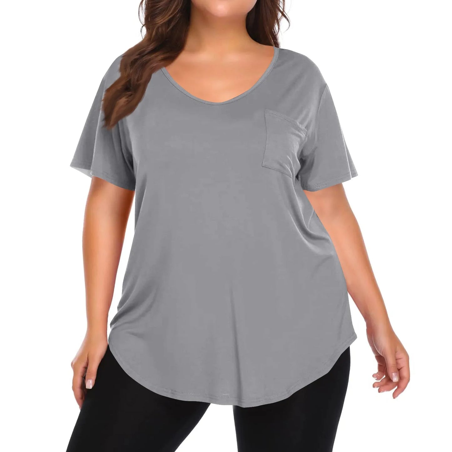 Plus Size Women's Tunic Tops Solid Color Large Size V-neck Loose T-Shirt With Pocket Summer Casual Basic Tee t shirts
