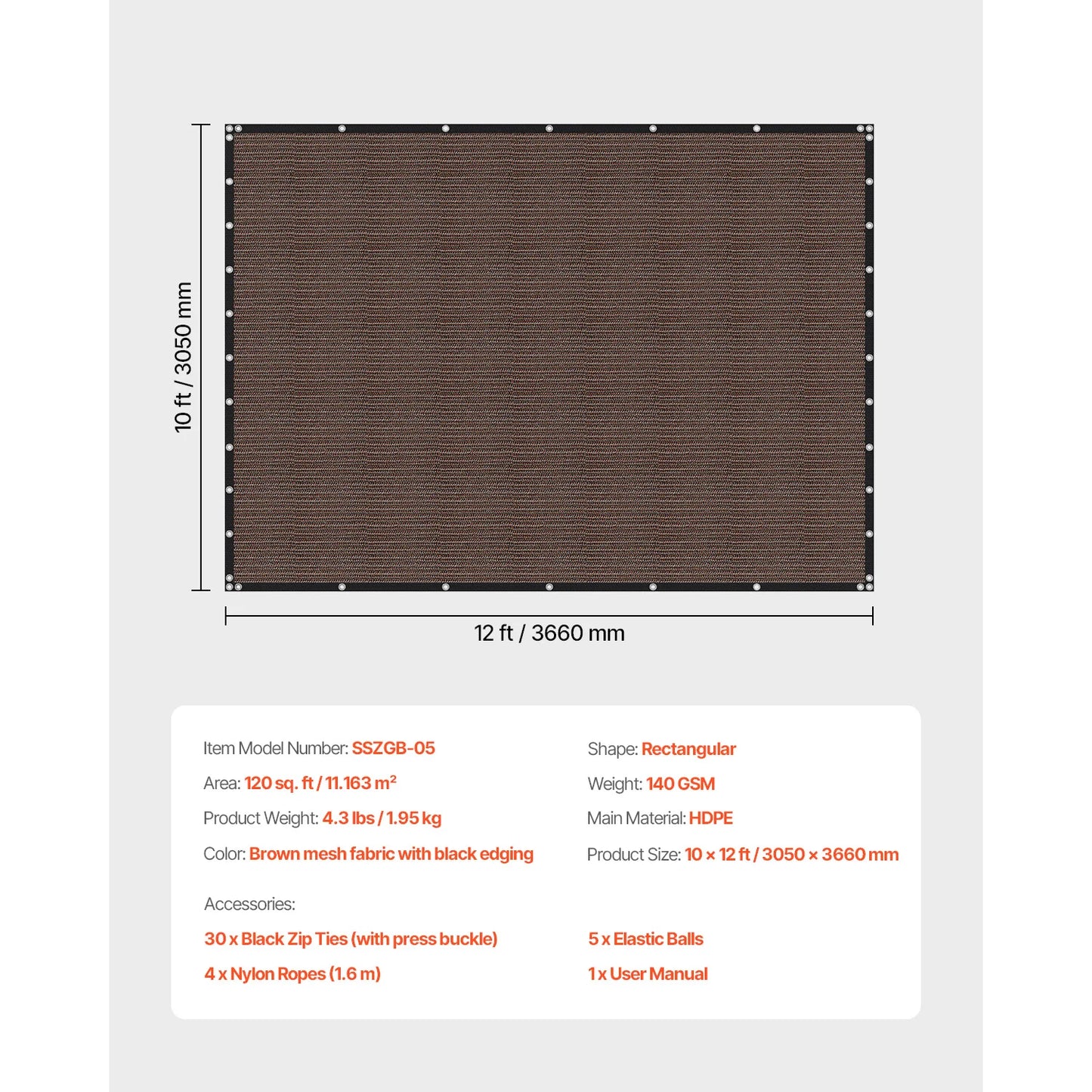 VEVOR 90 Percent Shade Cloth 10X10 Pergola HDPE Canopy