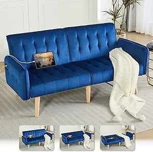 Modern Faux Leather Upholstered Convertible USB Folding Futon Sofa Bed, 65" Couch, Love Seats Furniture for Small Space Configu