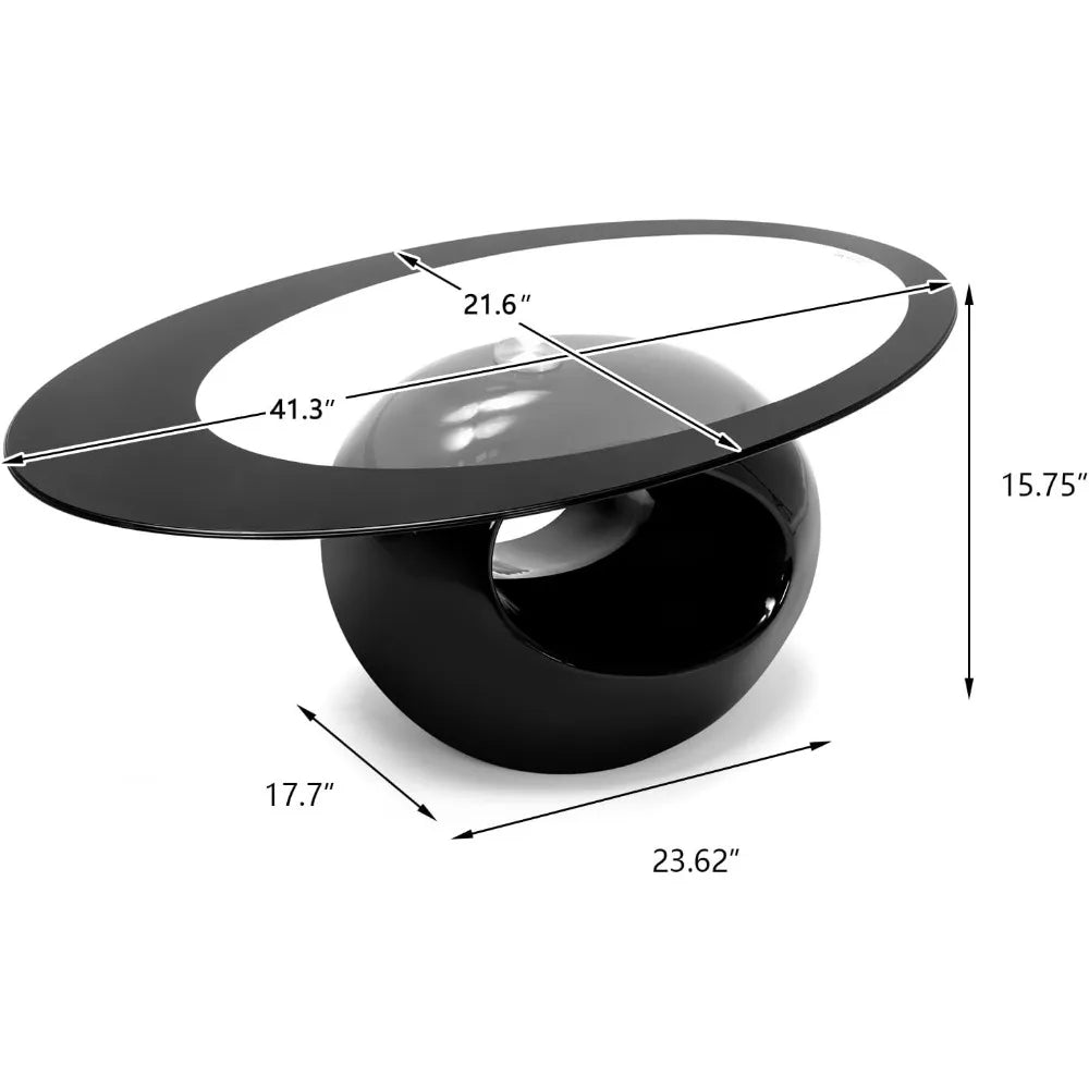 Oval Glass Coffee Table with High Gloss Hollow Base & Tempered Glass Top, Side Table for Living Room, Sitting Room, Black Uniqu