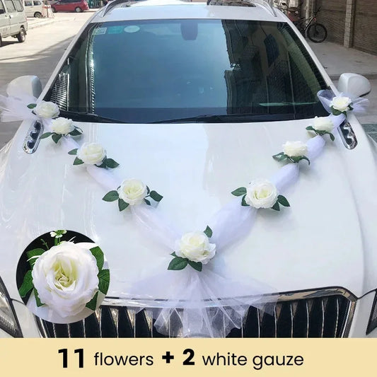 White Rose Artificial Flower for Wedding Car Decoration Bridal Car Decorations Door Handle Ribbons Silk Flower 11pcs Flowers