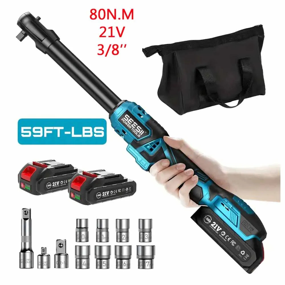 Seesii 3/8" 21V Cordless Electric Wrench 80Nm 6.3'' Extended Electric Ratchet Wrench Rechargeable Angle Wrench Car Repair Tools