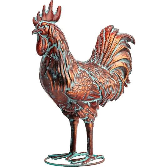 Garden Rooster Statues,15.7" L x 18.8" H Outdoor Metal Chicken Figurines,Antique Copper Chicken Sculptures & Statues Ornaments,3