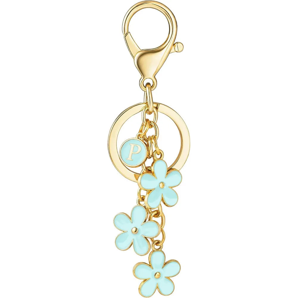 Initial Keychain White/Pink Flower Charms Key Cute Letter Keyring For Handbag Backpack
