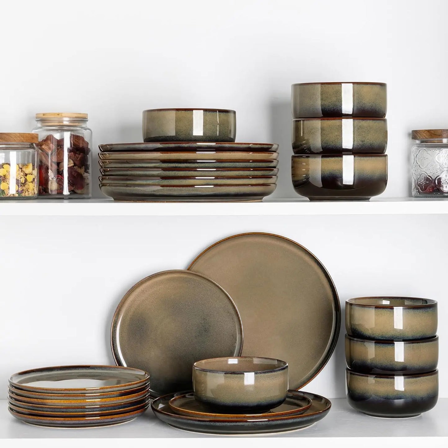 Ceramic Dinnerware Sets for 8, 24 Pieces Handmade Reactive Glaze Plates and Bowls Set, Scratch Resistant Dish Set, Oven & Microw